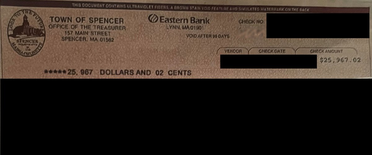 Redacted recovery check for $25,967.02
