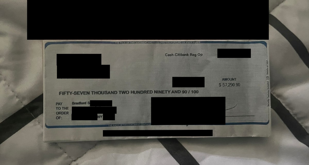 Redacted recovery check for $57,290.90