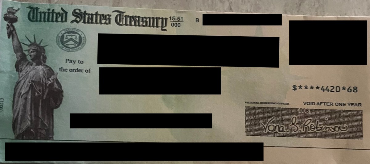 Redacted recovery check for $4,420.68