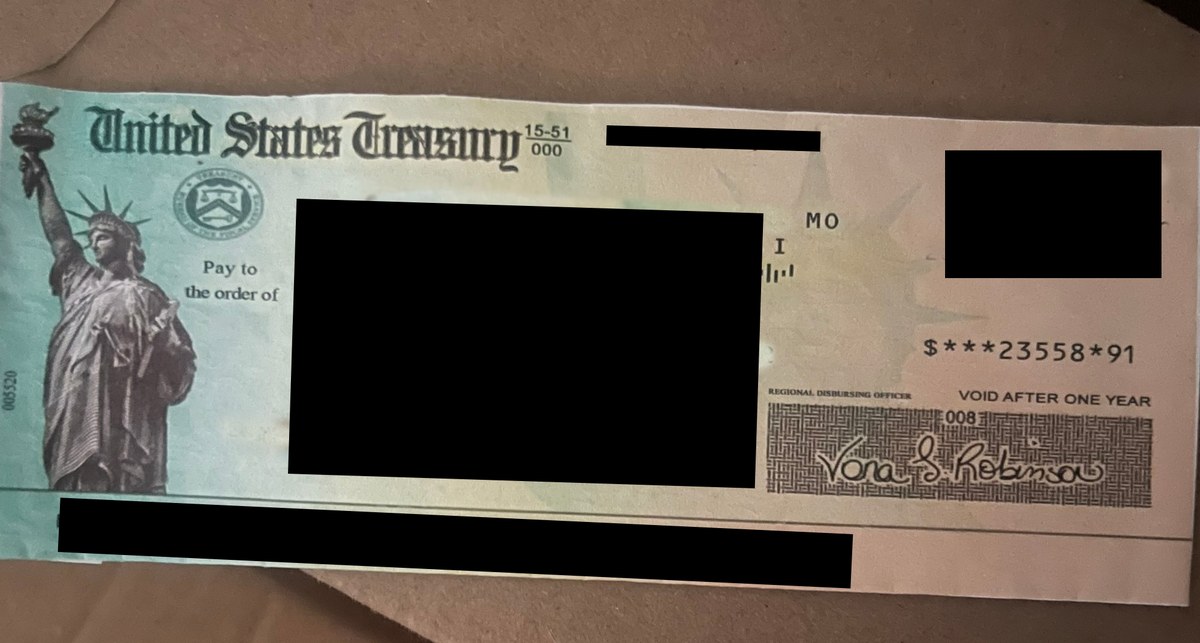 Redacted recovery check for $23,558.91