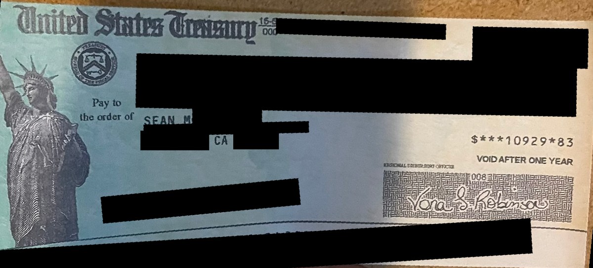 Redacted recovery check for $10,929.83